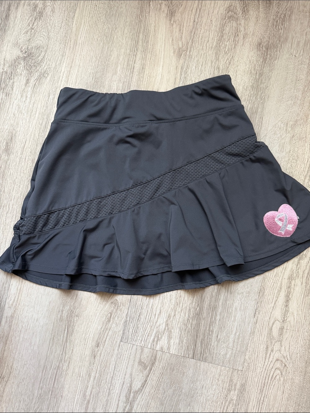 Gray Ruffle Active Skort with Embroidered Pink Ribbon Heart Accent